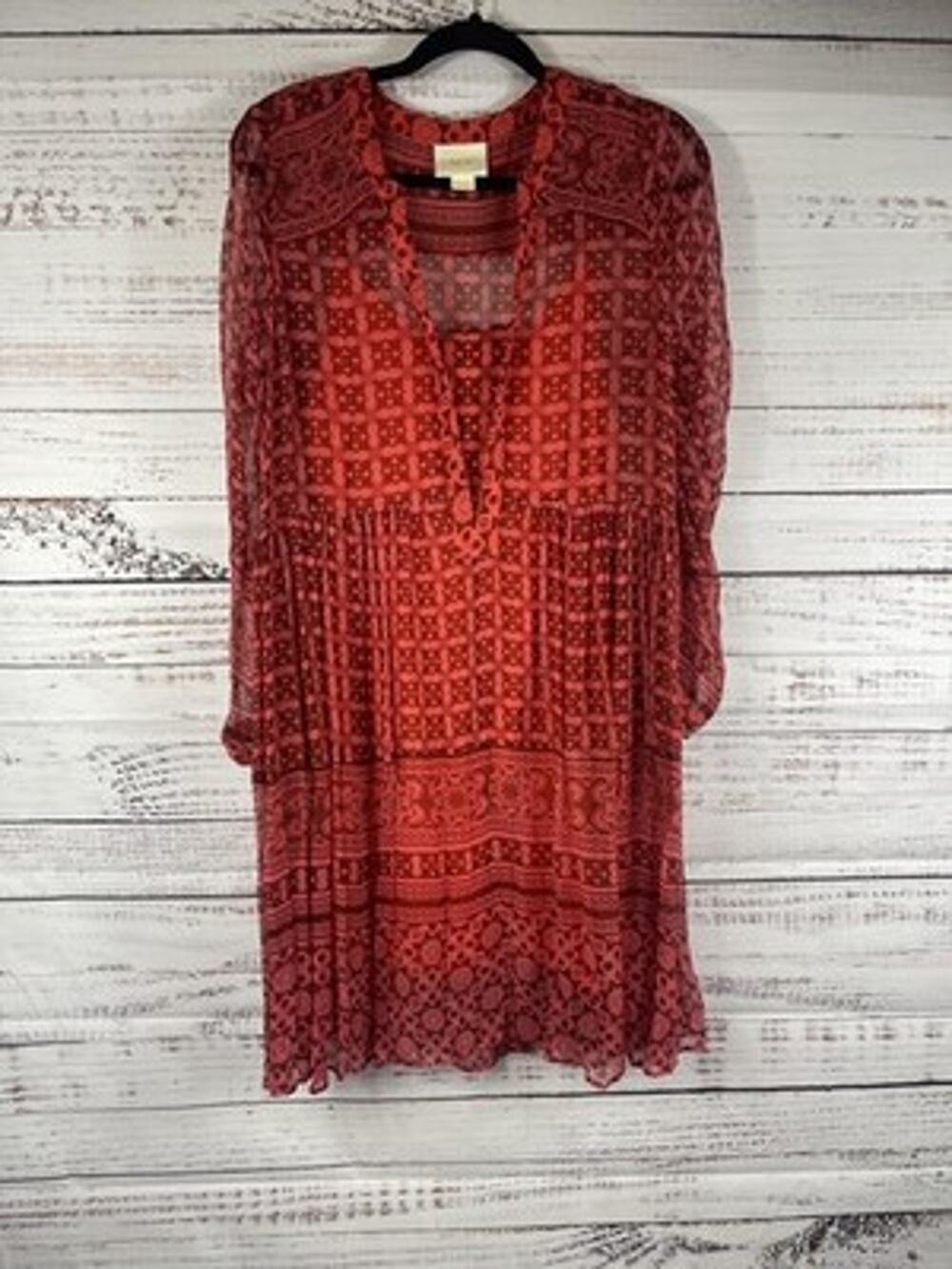 Maeve Dress Womens 6 Red Geometric Chiffon Shift V Neck Long Sleeve Boho Pleated